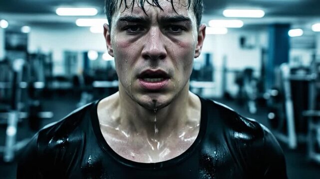 Man sweating intensively after hard workout session in fitness center