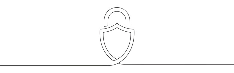 Continuous line art depiction of a padlock shaped like a shield, symbolizing strong and impenetrable security, isolated on a white background.