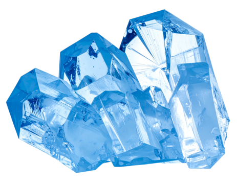 A close-up shot of a cluster of faceted crystalline structures, with a predominantly blue color scheme and sharp edges