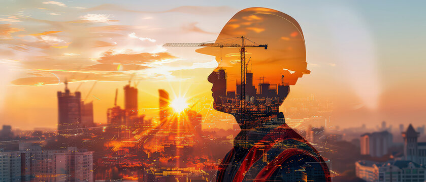 Creative double exposure image of a construction worker in helmet blended with cranes and urban cityscape at golden hour sunset.