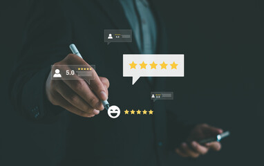 Business person using smartphone and stylus to give five-star rating with customer review icons. Concept for online feedback, digital reputation, service evaluation, customer satisfaction.