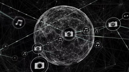 Digital sphere pulsing, camera emerging at core, linking music nodes illustrating network growth - Powered by Adobe