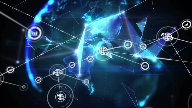 Dark digital space showing fragments icons linking into rotating 3D globe revealing global network