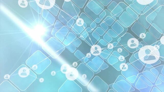 Opening teal grid emerging with flaring light as user icons linking into rotating network expanding