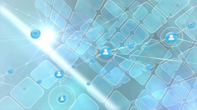 Light flare emerging left revealing user-node, network building with glowing lines and cube icons