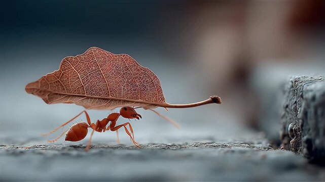 Close-up of a leafcutter ant carrying a leaf, showcasing incredible nature and teamwork. A detailed look into the life of these industrious insects.