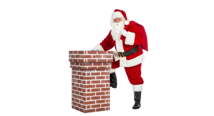 Santa claus character leaning on a red brick chimney isolated on transparent background