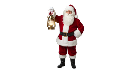Santa claus holding an old fashioned oil lantern illuminating the darkness isolated on transparent background