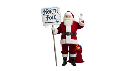 Festive santa claus holding a north pole sign and a candy cane isolated on transparent background