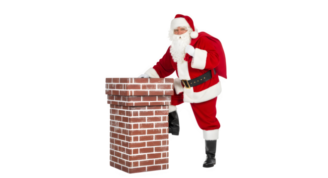 Santa claus character leaning on a red brick chimney isolated on transparent background