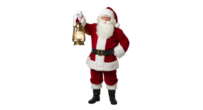 Santa claus holding an old fashioned oil lantern illuminating the darkness isolated on transparent background - Powered by Adobe