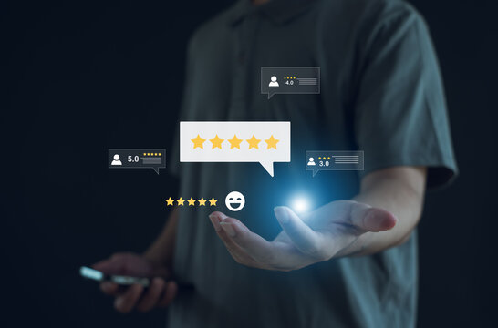 Person using smartphone with glowing digital star rating and customer review icons. Concept of online feedback, service quality evaluation, customer satisfaction, product rating, digital reputation.