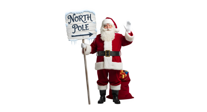 Festive santa claus holding a north pole sign and a candy cane isolated on transparent background