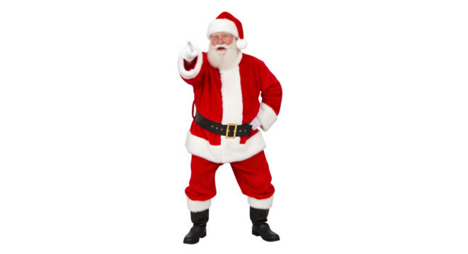 Full body shot of santa claus in his iconic red suit pointing forward isolated on transparent background