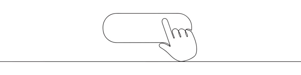 A continuous line art depiction of a human hand pressing or interacting with a rectangular button or touch screen, isolated on a white background.
