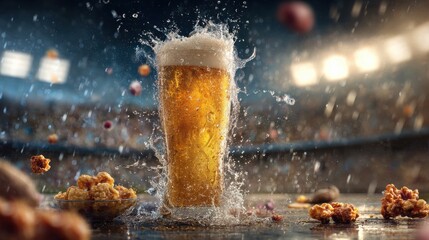 beer glass splashing with snacks at sports stadium