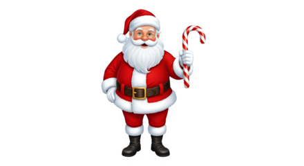 Cheerful santa claus character holding a traditional red and white striped candy cane isolated on transparent background