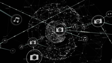 Rotating digital sphere emitting camera and music icons along lines expanding multimedia network - Powered by Adobe