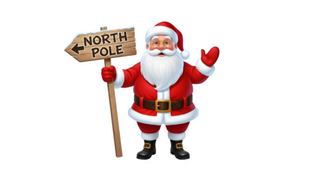 Cheerful santa claus character holding a wooden north pole signpost isolated on transparent background