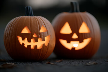 Two pumpkins glowing in the dark light up the night with carved faces. A fun tradition, they embody the spirit of Halloween. Simple joys and spooky feelings arise!