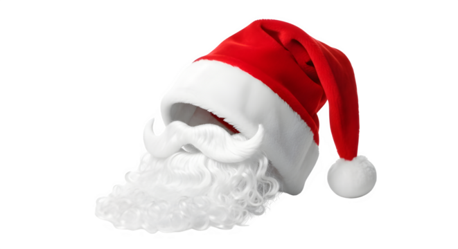 Classic santa claus hat and white beard with mustache isolated on transparent background