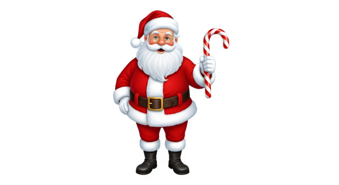 Cheerful santa claus character holding a traditional red and white striped candy cane isolated on transparent background