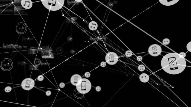 White lines, number circle emerging, phone and music icons grouping, linking into expanding network - Powered by Adobe