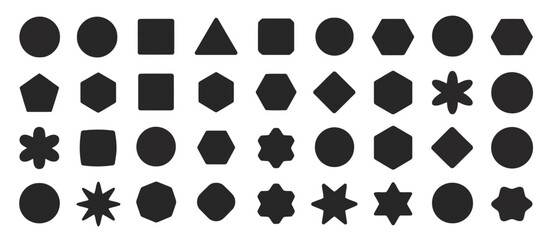 Fototapeta premium Assortment of Black Geometric Shapes and Starbursts on White Background circle oval