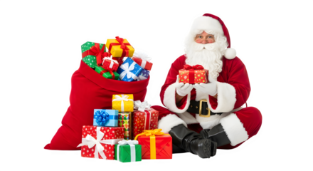 Santa claus sitting with a large sack of gifts and holding presents isolated on transparent background