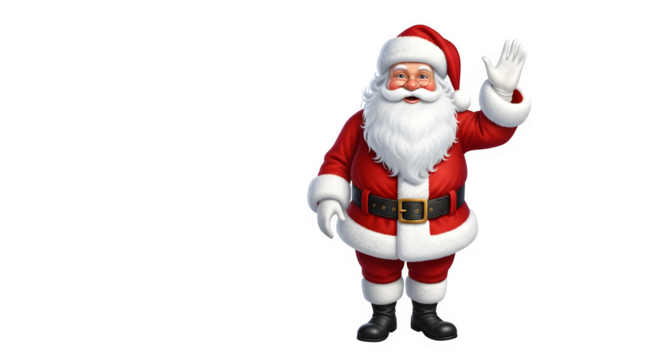 Friendly santa claus waving hello with a cheerful expression isolated on transparent background