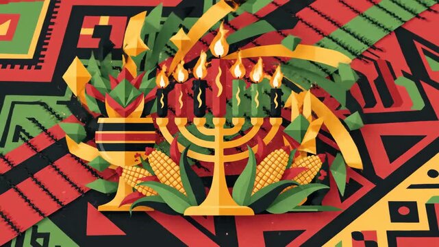 Kwanzaa Celebration with Kinara and Unity Cup on African Pattern Background.