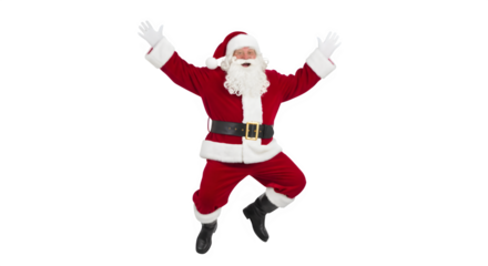 Joyful santa claus character in red suit with white beard jumping with arms raised isolated on transparent background