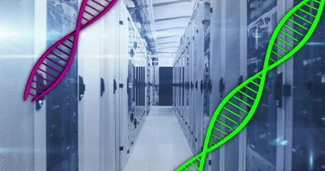 On start flares sweeping server racks, colored helices descending and ascending to show data flow - Powered by Adobe