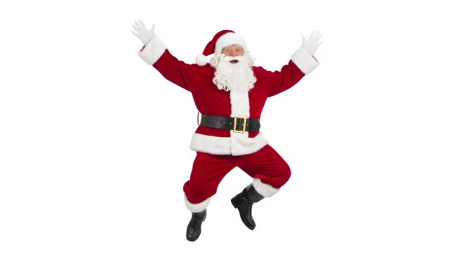 Joyful santa claus character in red suit with white beard jumping with arms raised isolated on transparent background - Powered by Adobe