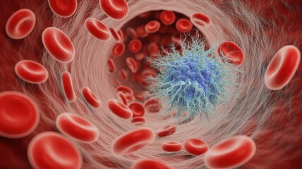 Microscopic view of red blood cells and a virus in a blood vessel