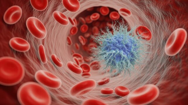 Microscopic view of red blood cells and a virus in a blood vessel