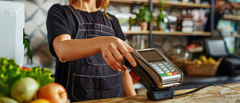 Close up of a barista or shop employee in an apron using a payment terminal at a counter with fresh produce nearby in a cozy cafe or market setting.