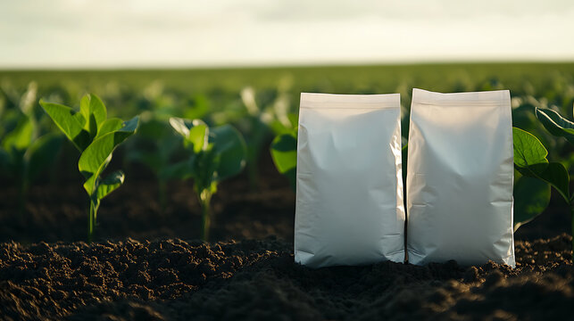 Two plain white bags rest on fertile soil, surrounded by young, leafy green crops in a vast field under a bright sky, promising a plentiful harvest.