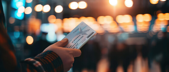 Traveler holding a U.S. passport and boarding pass with blurred airport terminal lights and crowd in the background.
