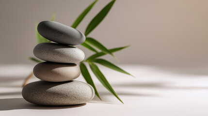 Stacked zen stones with bamboo leaf on neutral background studio soft side light, smooth stone texture, minimal.