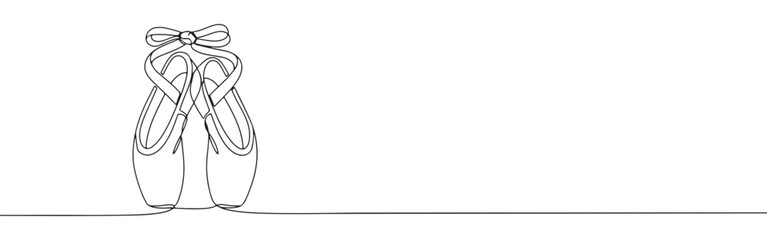 A pair of elegant ballet pointe shoes with ribbons, drawn in a graceful continuous line art style.