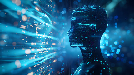 3d holographic interface with human silhouette and data flow, futuristic blue tones, glowing typography area, tech brand concept