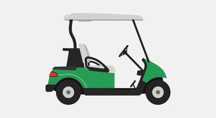 Fototapeta premium A green electric golf cart with a white roof, shown from the side on a plain background.