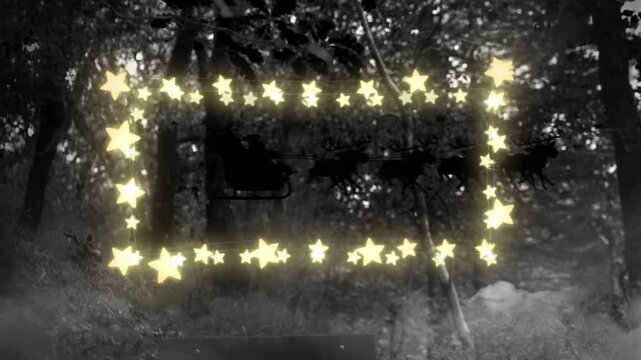 Scattering stars forming glowing frame, drifting sleigh and reindeer crossing for festive magic