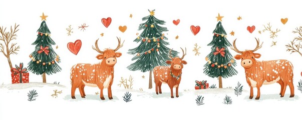 Obraz premium Festive Christmas pattern featuring adorable highland cows, decorated trees, and winter-themed elements