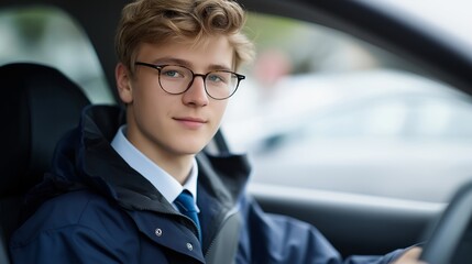 A student adjusting mirrors and seat position in a training car, highlighting safety awareness, comfort, and responsible driving habits from the very beginning. cinematic color correction, gentle