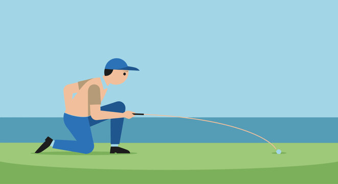 An illustration of a golfer kneeling on a green, lining up a putt with a golf club on a sunny day with water in the background.