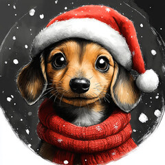 Cute Dachshund Dog Puppy in Christmas Santa Hat. Adorable Circle Ornament Illustration for Christmas Decoration.