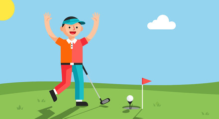 Happy cartoon male golfer celebrating a successful putt on a sunny green golf course.
