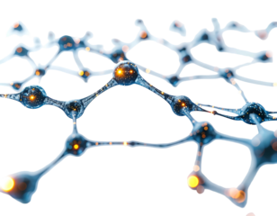 A close-up view of a microscopic, network-like structure, featuring interconnected spheres and branching filaments, illuminated